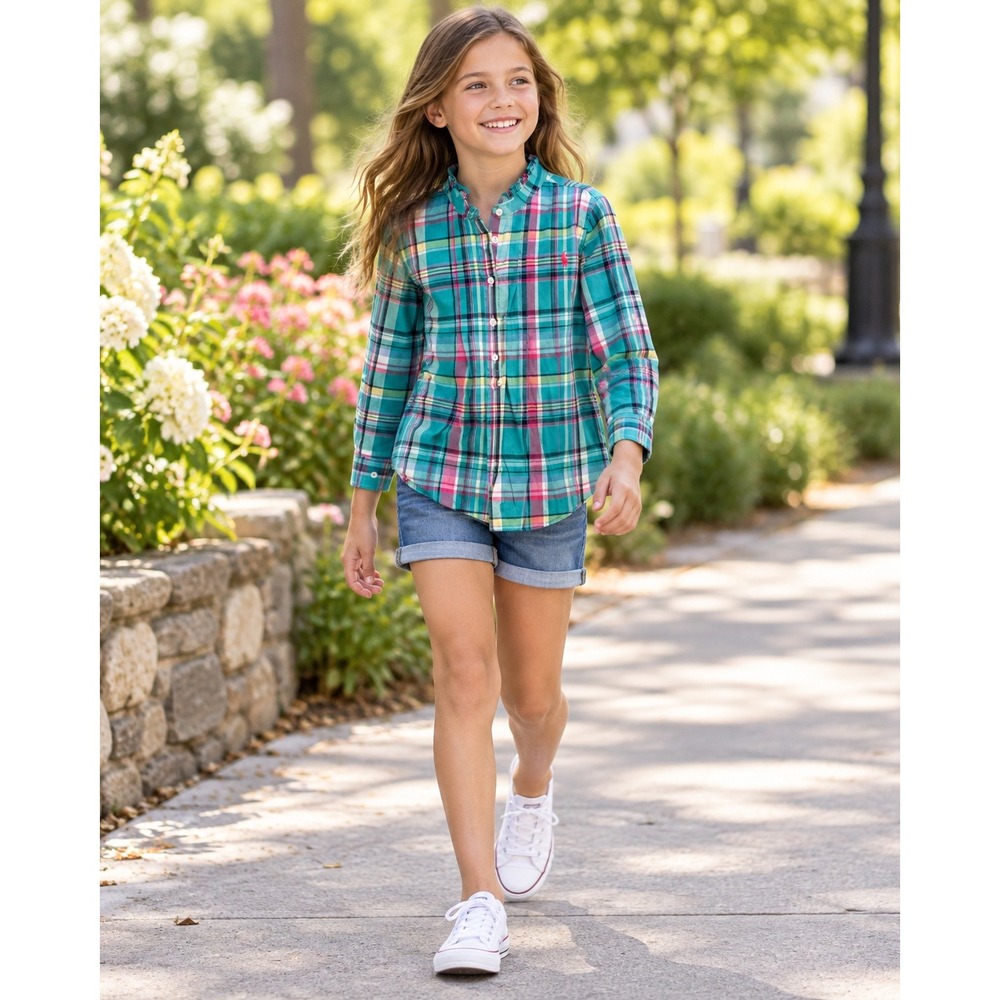 Ralph Lauren Girls Green Pink Plaid Ruffle Collar Button Down Shirt Size 10